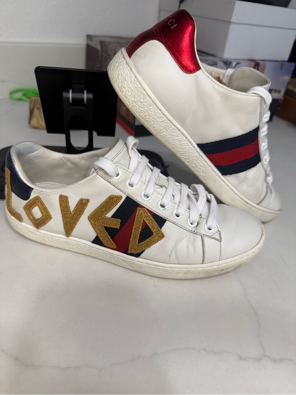 Authentic Gucci Ace Loved Sneakers Women 35.5 US 5.5 White Gold Web